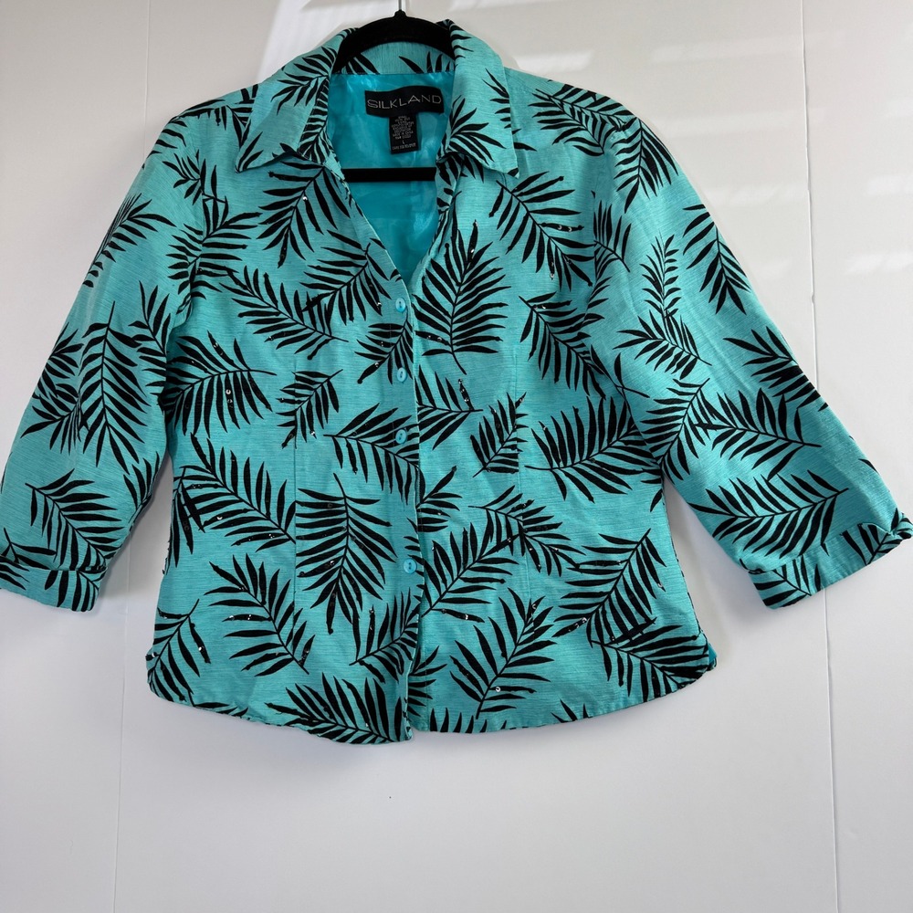 Silkland Silk Turquoise Tropical Palm Leaf Sequin Button Front Blouse Large
